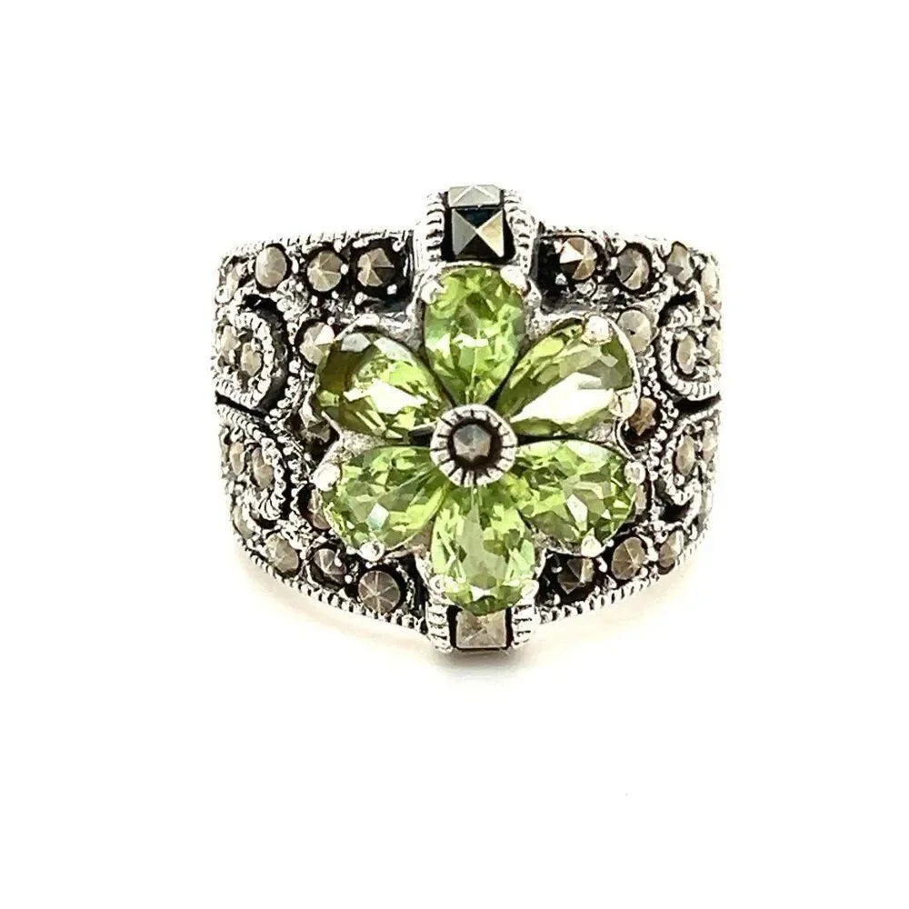 Silver‎ 925 Peridot/Marcasite Flower Ring